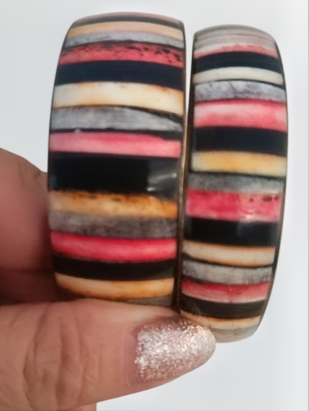 Vintage Artisan Multicolored Inlaid Striped Dyed Bone Pair Bangle Bracelet